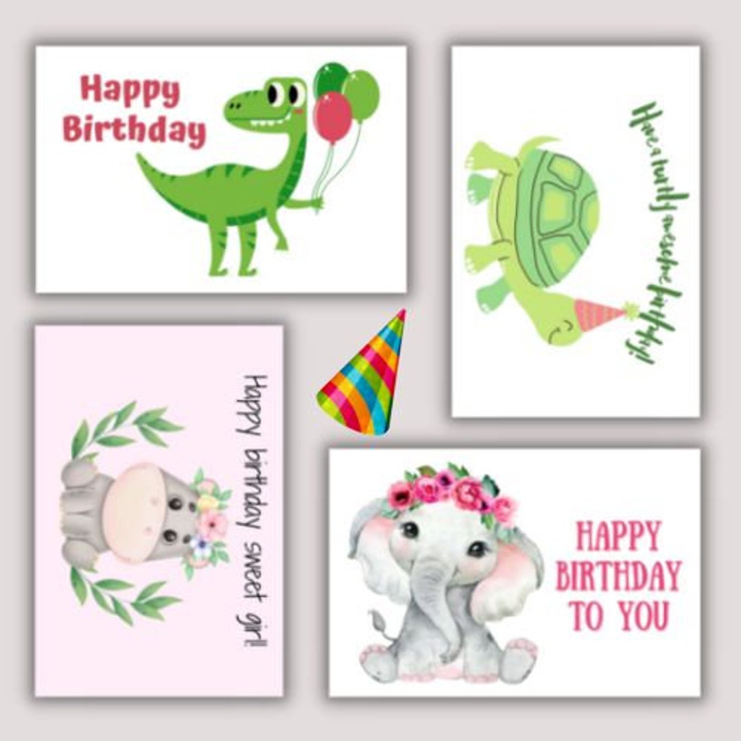 Printable Kids Birthday Card Set of Four, Printable Happy Birthday Card ...