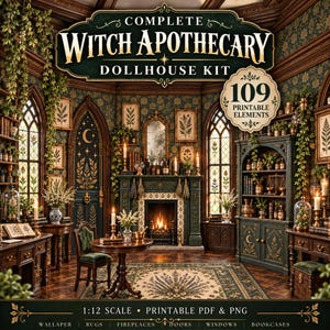 May include: A 1:12 scale complete witch apothecary dollhouse kit featuring 109 printable elements including wallpaper, rugs, fireplaces, doors, windows, and bookcases. The scene displays a dark green room with a fireplace, furniture, and decor.