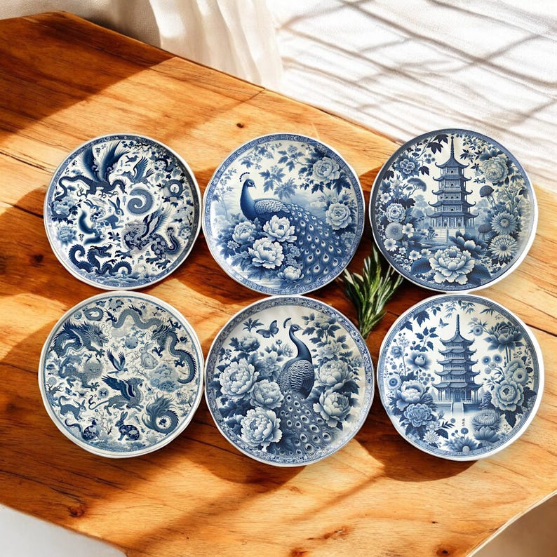 Set of 6 Miniature Blue Delft Plates – Chinoiserie Ceramic for Dollhouse & Collectors