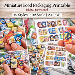 Miniature Food Packaging Printable 1:12 Scale Dollhouse Food Boxes Digital Download