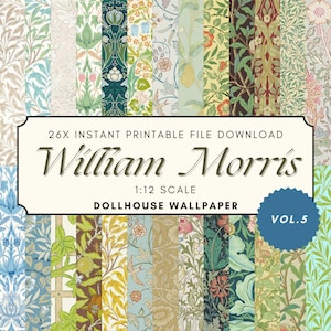 26 stili di carta da parati decorativa per la casa delle bambole stampabile, download digitale, carte artigianali vittoriane antiche William Morris, fai da te, miniatura in scala 1:12