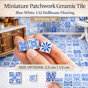 May include: Miniature blue and white ceramic patchwork tiles for dollhouse flooring. The tiles are 2.5 cm and 1.5 cm in size. The set includes 16 pieces. The tiles have various blue floral patterns on a white background.
