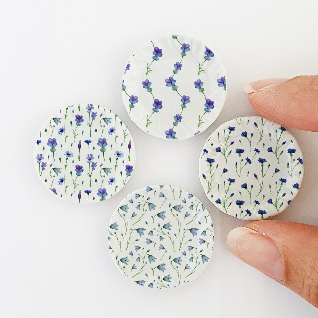 Miniatures Handmade Ceramic DINNER PLATES Botanic Blue Flower Floral ...