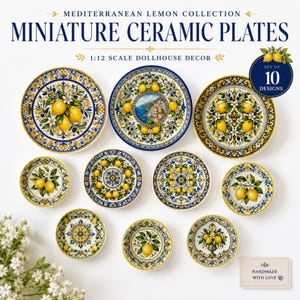 Mediterranean Lemon Miniature Ceramic Plates Set : Dollhouse Italian Amalfi Coast Kitchen Wall Decor
