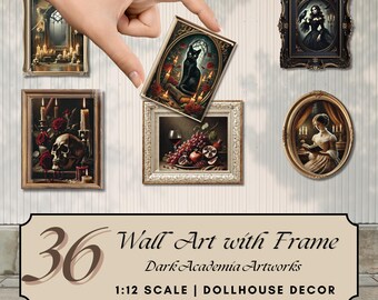 Arte mural de la casa de muñecas de Dark Academia: 36 pinturas en miniatura enmarcadas (descarga digital)