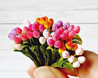 Miniatures Handmade Colorful Tulip Flowers Floral Plants for Dollhouse Fairy Garden Accessories Supply Decoration Mixed colors 12 Pcs