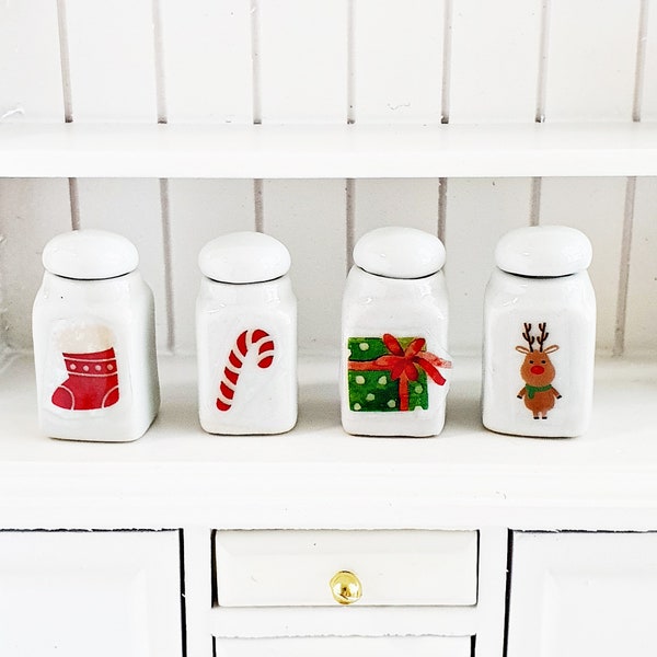 Miniatures Ceramic Canister Cookies Jar Dollhouse Furniture , Kitchen Pantry Decor Christmas Ornaments Gift for the home Set 4 Pcs