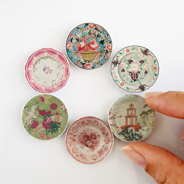Chinoiserie Ceramic Plates Set of 6, Miniature Collection, Decorative Dollhouse Kitchen Decor, Unique Tiny House Miniatures Plates, miniatur