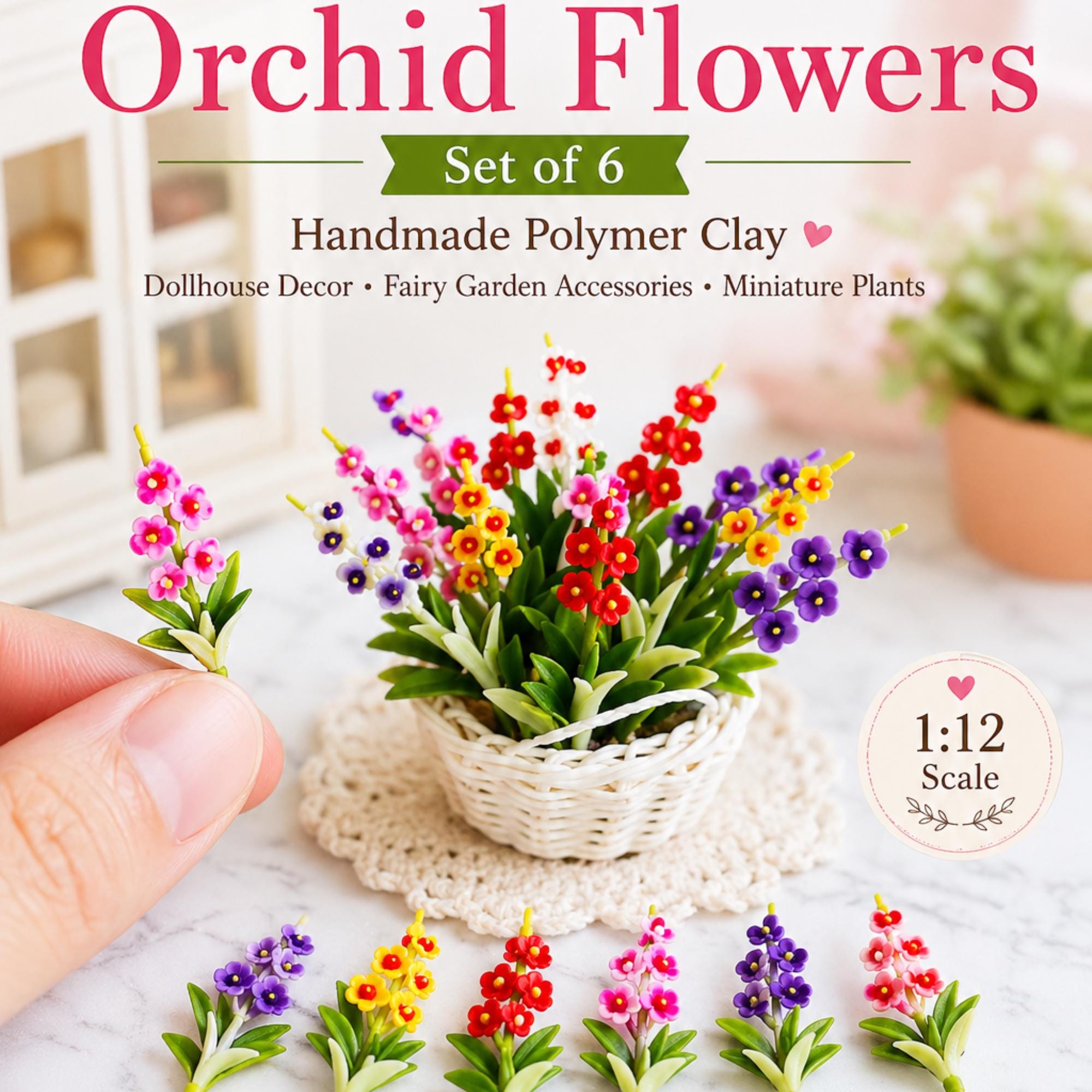 Miniature Orchid Flowers Polymer Clay : Dollhouse Fairy Garden