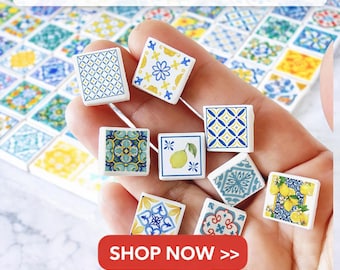 Miniature Ceramic Tile : Colorful Flooring Dollhouse Accessories Decor (Set of 16)