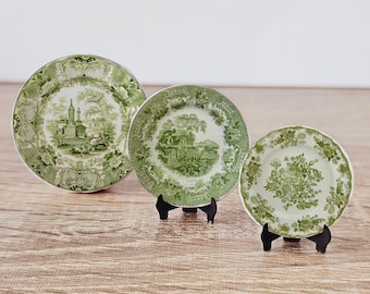 Miniature Ceramic Green Willow Plates : Dollhouse accessories Kitchen decor