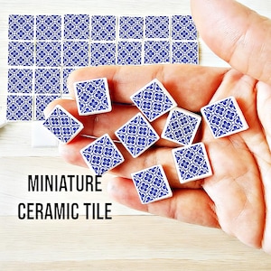 Miniature Blue Ceramic Tiles – 1:12 Scale Moroccan Floor & Wall Decor | Dollhouse Decorating | Decorative miniatures | Set of 16