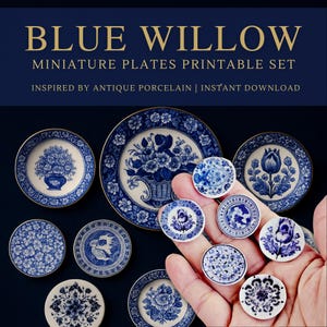 Afdrukbare miniatuur Blue Willow-borden: vintage poppenhuisservies (digitale download)