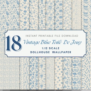 Carta da parati vintage blu toile per bambole stampabile – Decorazione da parete in miniatura in scala 1:12, stile francese vintage, download immediato, fai da te