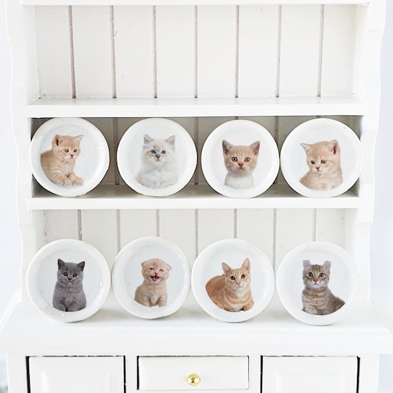Kitten Miniature Ceramic Plates Set : Dollhouse Wall Plates Kitchen Decor