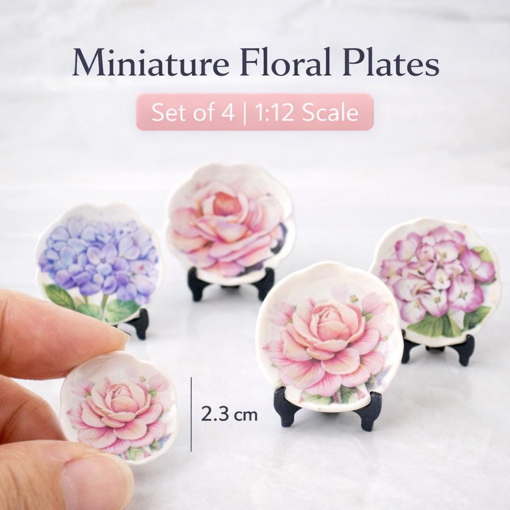 ミニチュア花柄陶器プレート：ドールハウスキッチンデコレーション（4 