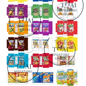 May include: A collection of miniature cereal boxes, including Cheerios, Frosted Flakes, Cap'n Crunch, Raisin Bran, Apple Jacks, Kix, Cocoa Puffs, Cinnamon Toast Crunch, Rice Krispies, French Toast Crunch, and more. The boxes are arranged in rows and columns on a white background. The text "THAI MINIATURE STORE PRODUCTS OF THAILAND" is printed on the image.