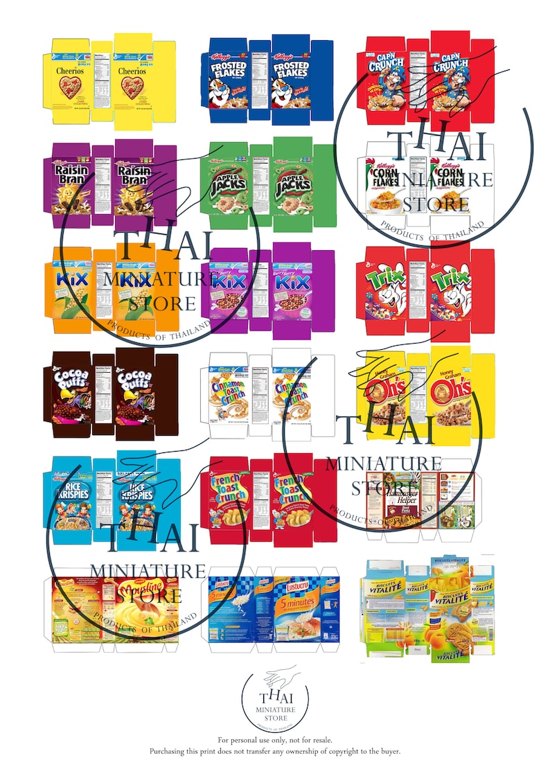 May include: A collection of miniature cereal boxes, including Cheerios, Frosted Flakes, Cap'n Crunch, Raisin Bran, Apple Jacks, Kix, Cocoa Puffs, Cinnamon Toast Crunch, Rice Krispies, French Toast Crunch, and more. The boxes are arranged in rows and columns on a white background. The text "THAI MINIATURE STORE PRODUCTS OF THAILAND" is printed on the image.