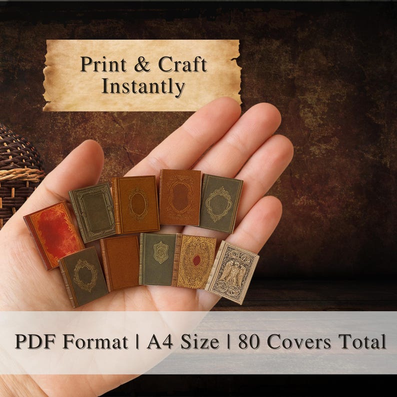 May include: A collection of miniature books in various colors, including brown, green, and red, held in a hand. The books have decorative covers. Text at the top reads "Print & Craft Instantly". Below, text reads "PDF Format | A4 Size | 80 Covers Total".