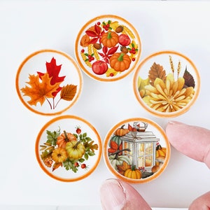 Könnte beinhalten: Fünf weiße Keramikteller mit Herbstmotiven. Die Teller zeigen Bilder von Kürbissen, Blättern und Blumen in Orange-, Rot-, Gelb- und Brauntönen.