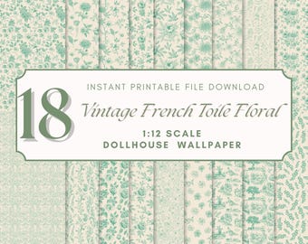 Groen vintage Frans toile-poppenhuisbehang afdrukbaar – 18 ontwerpen – schaal 1:12 miniatuur wanddecoratie – direct downloaden – DIYED
