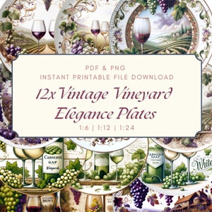 Decorative Miniatures Vintage WINERY PLATES, Dollhouse Decorating, Digital File Download, Dollhouse Printable DIY Vintage dishware Scrapbook