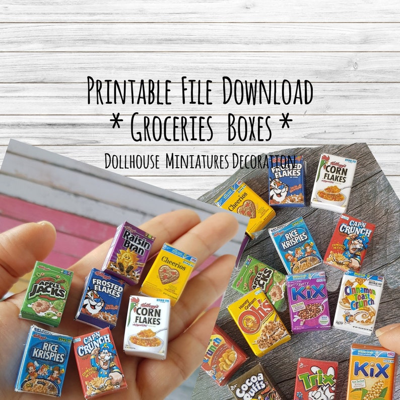 May include: Printable miniature cereal boxes for dollhouse decor. The boxes feature popular brands like Frosted Flakes, Cap'n Crunch, Rice Krispies, and Cheerios.