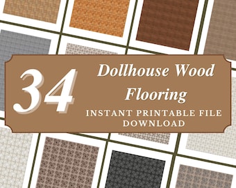 May include: A digital image featuring 34 dollhouse wood flooring patterns. The patterns are in various shades of brown, beige, and gray. The image includes text that reads "Dollhouse Wood Flooring" and "Instant Printable File Download."