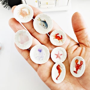 Dollhouse Miniature Ceramic Plates: Nautical Seafood Decor, Set of 8