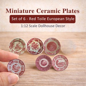 Miniature Vintage Ceramic Plates - Red Toile European Style Dollhouse Kitchen Decor , Set of 6