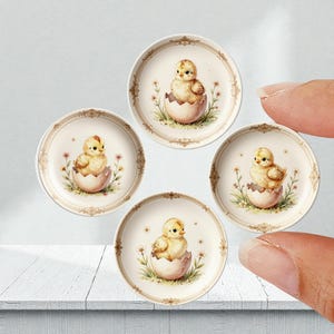 Könnte beinhalten: Set aus vier kleinen, runden Ziertellern. Jeder Teller zeigt eine Aquarellillustration eines gelben Kükens, das aus einem Ei schlüpft, umgeben von Blumen und Grün. Die Teller haben einen cremefarbenen Hintergrund und einen dekorativen Rand.