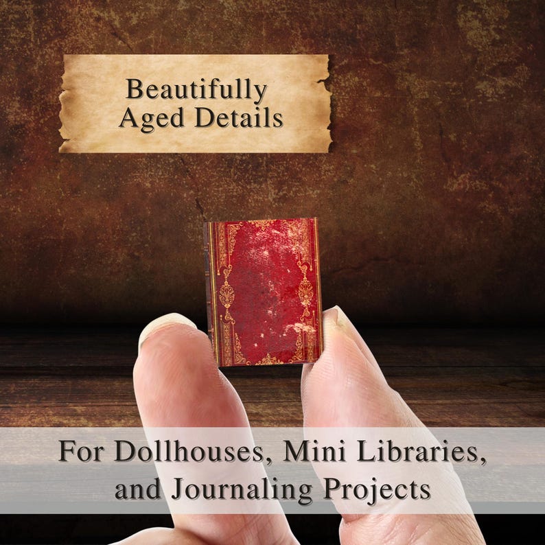 Close-up of aged and antique texture mini book cover for 1:12 scale projects