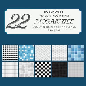 Mosaic Tile Dollhouse Flooring Printables  | 22 Printable Miniature Floor & Wall Tiles | 1:12 Scale PNG PDF | Black White Blue Tile Patterns