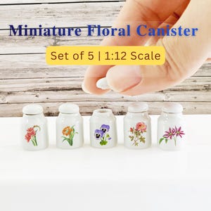 Tarros de galletas florales de cerámica en miniatura: pequeños recipientes para decorar la cocina de casa de muñecas (juego de 5)