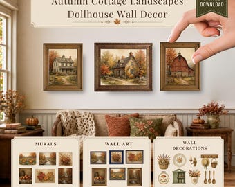 Autumn Cottage Landscape Miniature Wall Art Printable : Fall Dollhouse Wall Decor (Digital Download)