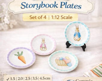 Miniature Ceramic Plates : Bunny Rabbit Design Dollhouse Easter Decor (Set of 4)