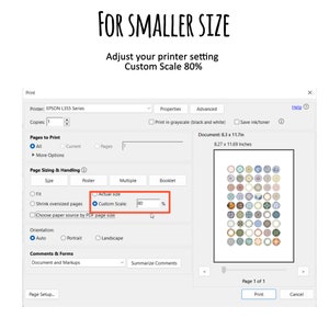 May include: A screenshot of a printer settings window with the option to adjust the print size. The "Custom Scale" option is selected and set to 80%.