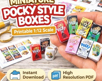 Miniature Pocky Style Boxes Printable:  Dollhouse Snack Packaging, Mini Food Box PDF (Digital Download)