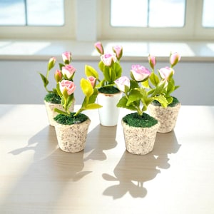 May include: A collection of miniature potted rose plants. The roses are pink and white, with green leaves and stems. The pots are speckled, with a textured appearance. The plants are arranged on a light-colored surface, with a window in the background.
