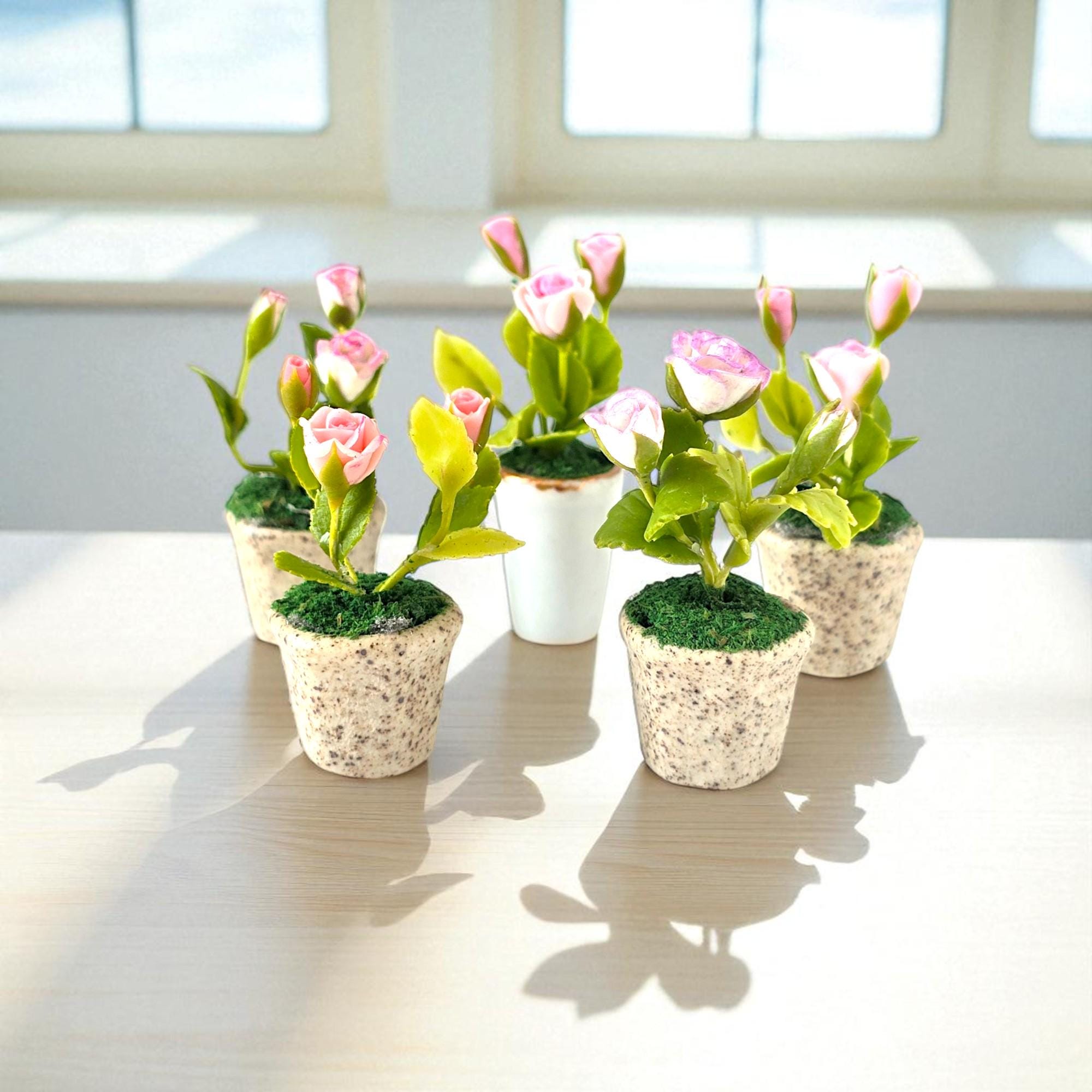 Miniature Tiny Roses Flowers Pot : Dollhouse Gardening Miniature