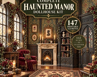 Gothic Haunted Manor Dollhouse Room Interior Kit : Wallpaper Printable Furniture Accessories  (PDF Download)