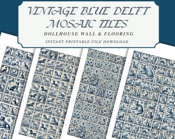 Op de afbeelding: Vier vellen vintage blauwe Delft mozaïektegels voor poppenhuiswanden en vloeren. Elk vel heeft een ander ontwerp: honden, paarden, bloempatronen en katten. De tekst bovenaan luidt "VINTAGE BLUE DELFT MOSAIC TILES".