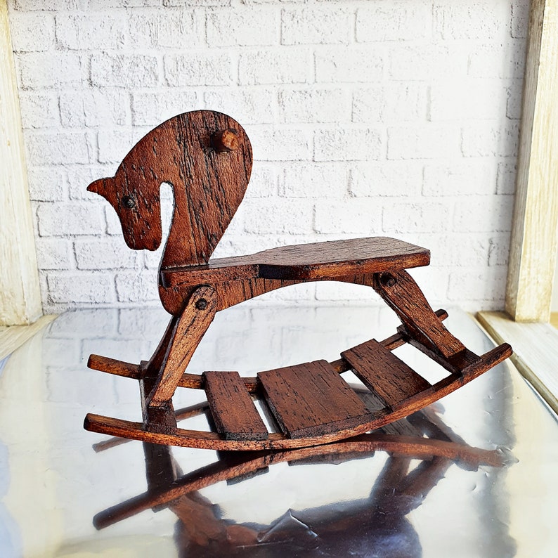 Dollhouse Miniature Vintage Wooden Wood Toy Rocking Horse Brass Rocking Horse Figurine Miniature Vintage Kids Childs Nursery Room Decor