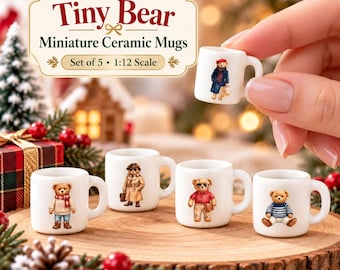 Miniature Ceramic Mugs Handmade : Tiny Bear Christmas Winter Set of 5