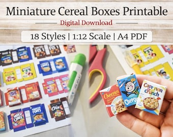 Miniature Cereal Boxes Printable 1:12 Scale Dollhouse Food Packaging Digital Download