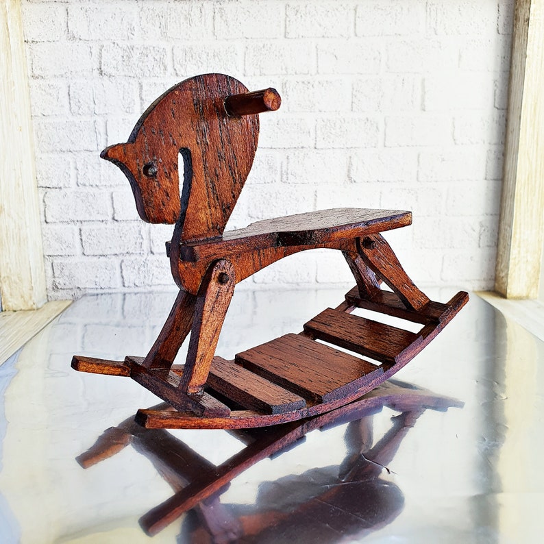 Dollhouse Miniature Vintage Wooden Wood Toy Rocking Horse Brass Rocking Horse Figurine Miniature Vintage Kids Childs Nursery Room Decor