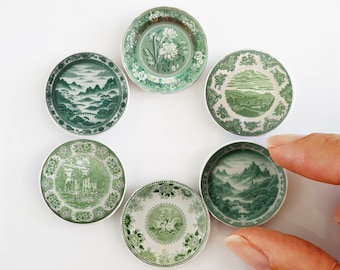 Vintage Green Willow Miniature Ceramic Plates : Dollhouse Kitchen Wall Decor (Set of 6)