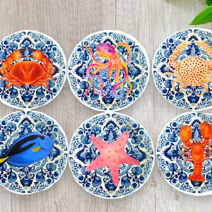 Decorative Miniature Nautical Ocean Themed Ceramic Plates – 1:12 Scale Dollhouse Decorating Dish Set, Blue & White Coastal Decor, Set of 6