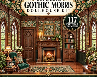 Gothic Victorian Dollhouse Room Interior Kit : William Morris Miniature Wallpaper Furniture Printable (PDF Download)