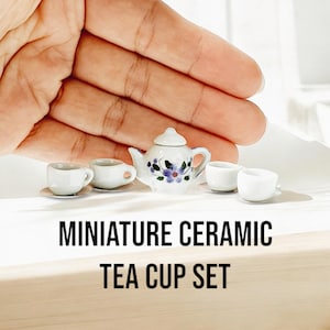 Handcrafted Miniature Tea Set with Blue Floral Design, 1:12 Scale Dollhouse Decorating, Ceramic Teapot and Cups, Collectible Mini Tableware